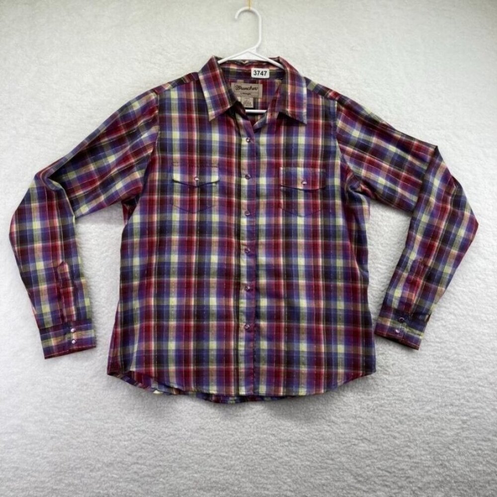 Wrangler Wrancher Womens Pearl Snap Shirt Size Large Long Sleeve Purple Plaid